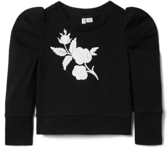 NWOT Janie and Jack Black Sweatshirt Top w/White Applique Flowers Size 12-18 M - Picture 1 of 4
